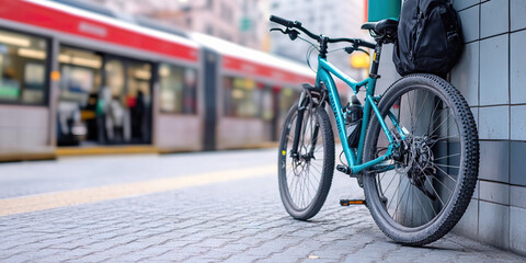 Naklejka premium Teal Mountain Bike Parked Near Tram