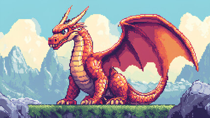 8-bit pixel art dragon character isolated, retro gaming fantasy creature design, vintage arcade monster pixel icon 