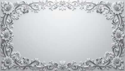  Elegant silver floral frame with intricate designs set against a light gray background creating a luxurious and sophisticated border