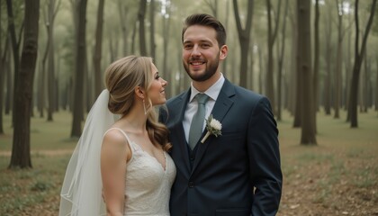  Bride and groom standing together in a forested area smiling joyfully creating a heartwarming and romantic wedding photo