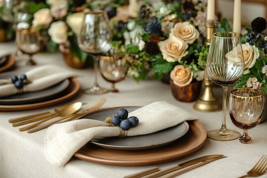 Elegant tablescape with warm tones featuring floral centerpiece gold flatware and rustic-chic plates with linen napkins and berry accents