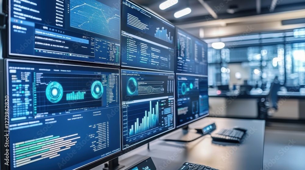 Poster a modern office featuring multiple monitors displaying financial data, graphs, and charts, creating 