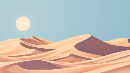 minimalist illustration of a desert landscape under a clear blue sky with a bright sun and undulating sand dunes in warm tones