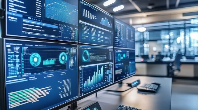 A modern office featuring multiple monitors displaying financial data, graphs, and charts, creating a sophisticated, technology-driven environment for data analysis and decision-making.