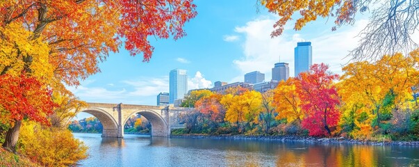 Obraz premium the Stone Arch Bridge in Minneapolis surrounded by autumn colors, with crisp reflections in the Mississippi River
