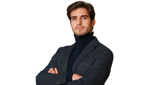 Modern startup founder, casually dressed in a blazer over a turtleneck, arms crossed, exuding confidence, slight smirk, isolated PNG -