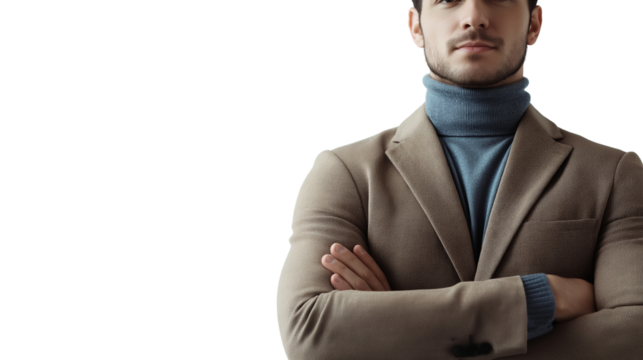 Modern startup founder, casually dressed in a blazer over a turtleneck, arms crossed, exuding confidence, slight smirk, isolated PNG -