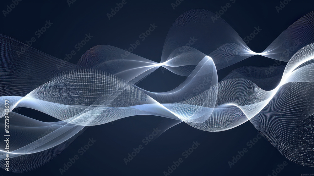Poster abstract waves in soft white tones create dynamic flow against dark background, evoking sense of mov