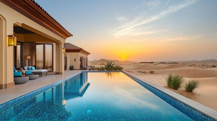 Fototapeta premium Luxurious Desert Villa with Infinity Pool at Sunset in Tranquil Oasis