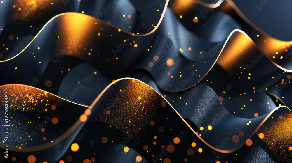 Poster mesmerizing abstract design featuring flowing waves in dark tones with shimmering orange and gold particles, creating dynamic and vibrant visual effect