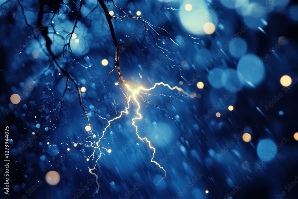 Poster close up shot of lightning bolts striking on branches of trees forming beautiful patterns at nightti