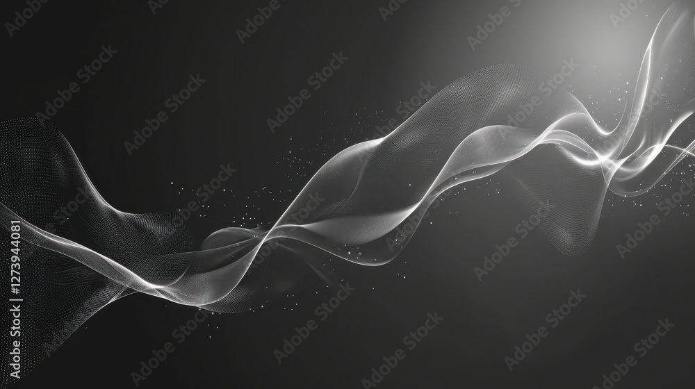 Poster abstract wave design with flowing lines and particles on dark background. smooth curves create sense