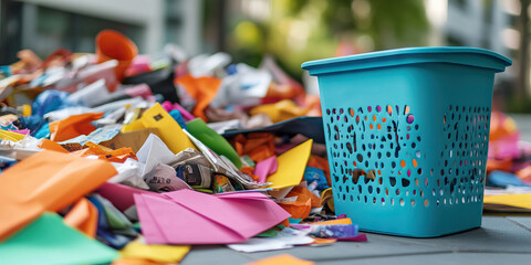 Fototapeta premium Teal Plastic Basket and Pile of Discarded Colored Paper