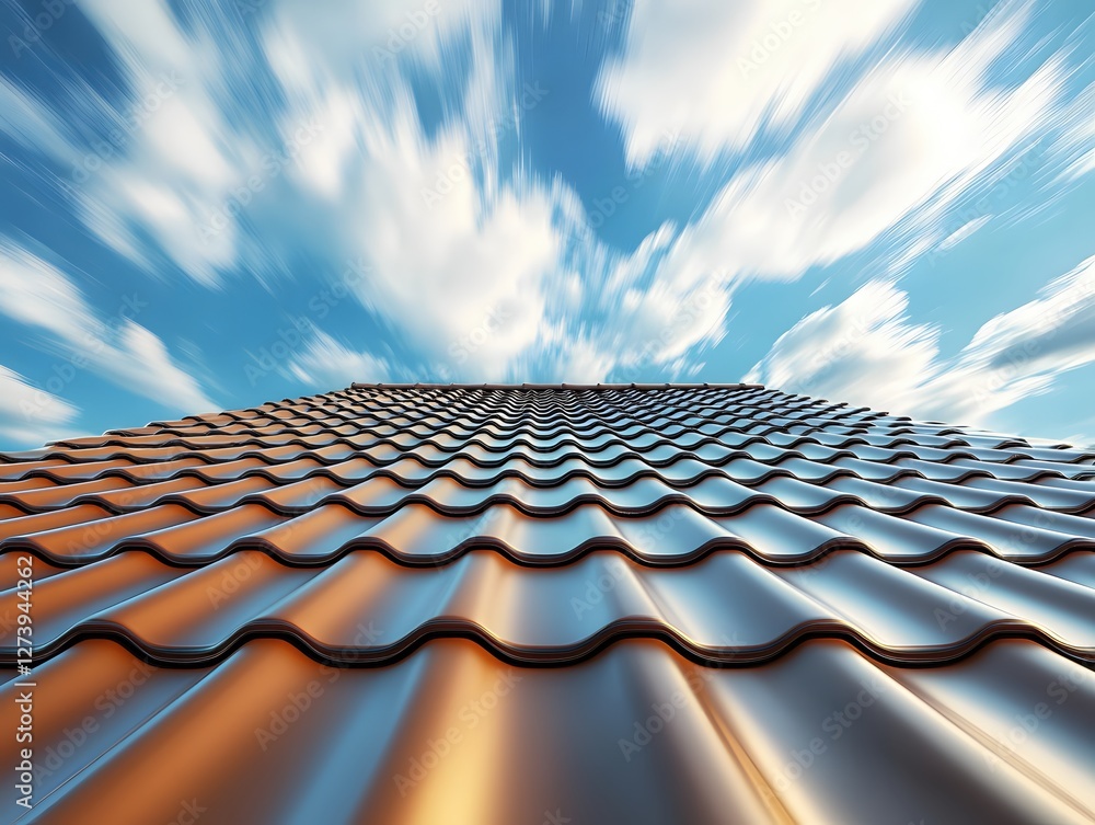 Poster modern metallic roof tiles under a dynamic sky with blurred clouds creating a sense of motion