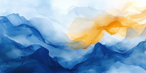 Obraz premium Abstract watercolor of a serene blue-white mountain range; intimate peaks contrast with vast sky in the upper half, while the lower portion offers an immersive, detailed exploration
