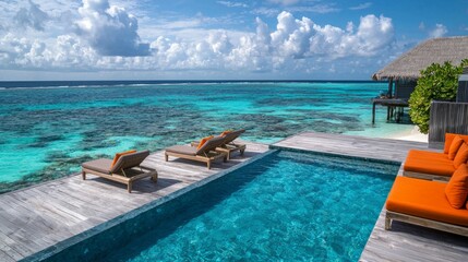 Fototapeta premium Serene Tropical Pool Overlooking Bright Blue Ocean and Sky