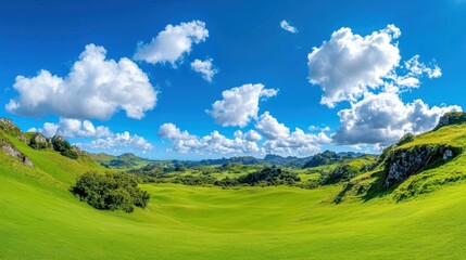 Fototapeta premium Scenic view of rolling green hills under a bright blue sky with fluffy clouds during the daytime