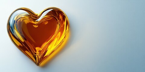 Heart-shaped glass object filled with amber liquid resting on a smooth surface