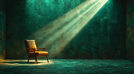 Illuminated chair in dark room artistic photography minimalist environment dramatic lighting perspective