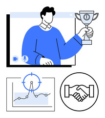 Business professional holding trophy in online meeting, chart with target focus, handshake icon. Ideal for success, teamwork, achievement, leadership, remote work, motivation abstract line flat