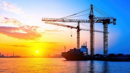 Fototapeta premium A sunset view over a harbor with cranes and a ship, showcasing an industrial scene filled with vibrant colors.