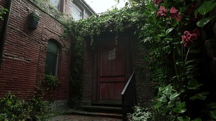 Overgrown alleyway with red brick walls, lush greenery, and a closed wooden door in a quiet setting