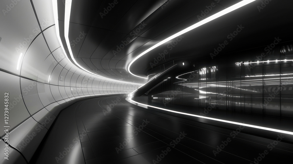 Poster modern, futuristic subway station with sleek lines and glowing lights, creating dynamic atmosphere. 