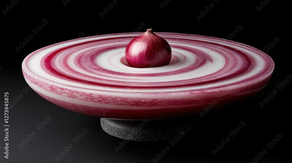 Poster a stylized red onion atop a circular, concentric-patterned base, emphasizing design and color.