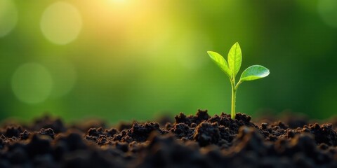 A Tiny Sprout Emerging from Rich Soil, Basking in the Warm Glow of Dawn's Golden Light