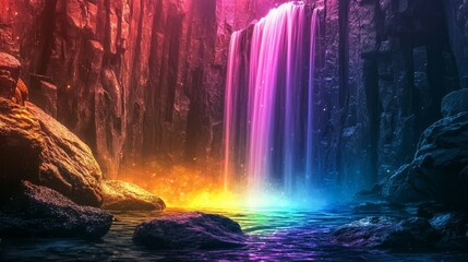 Enchanting Neon Waterfall Surrounded by Colorful Rocks and Mist