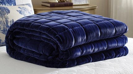 Navy Blue Velvet Quilted Blanket Folded on Bed