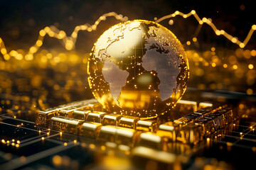 A glowing golden globe with interconnected financial graph lines, symbolizing international gold investment, wealth security, and financial growth, with gold bars at the base