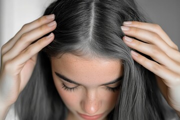 Portrait of a beautiful young woman examining her scalp and hair in front of the mirror, hair roots, color, grey hair, hair loss or dry scalp problem