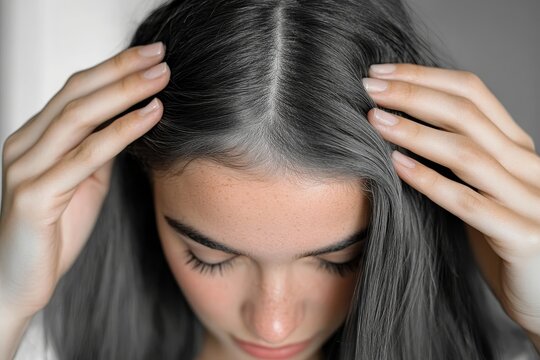 Portrait of a beautiful young woman examining her scalp and hair in front of the mirror, hair roots, color, grey hair, hair loss or dry scalp problem