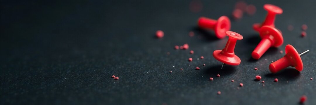 Thumbtack scattered on a black background with subtle gradient or shadow effects, background, space