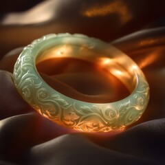 A jade bracelet with intricate patterns, resting on a luxurious silk cloth, its design illuminated by soft, warm light