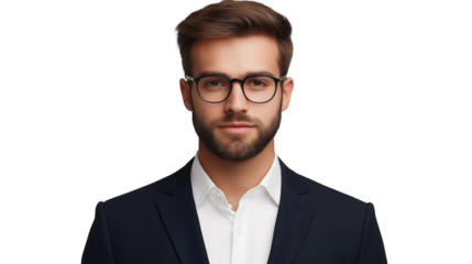 Portrait of a confident young businessman with a neatly trimmed beard, wearing a dark navy suit and modern glasses, slight smile, professional look, isolated on a transparent background 