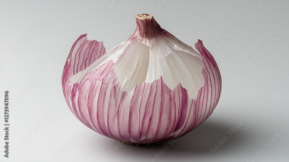 Poster a halved red onion showcasing its layered structure and vibrant colors.