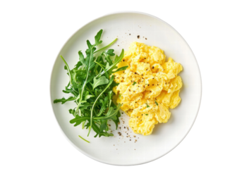 Isolated Plate of Scrambled Eggs with Arugula Garnish