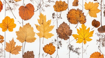 Obraz premium Autumnal Array of Golden and Brown Leaves Scattered on Clean White Wooden Surface