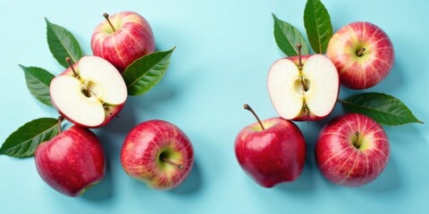Red apples with green leaves on a light blue background, a vibrant and healthy still life composition featuring fresh, juicy fruit.
