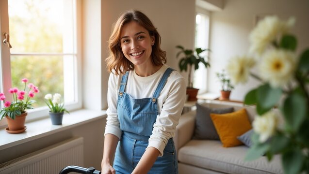 A cheerful woman in casual overalls doing spring cleaning in a bright, cozy home filled with plants and natural light. A perfect scene for home care, organization, and seasonal refresh.