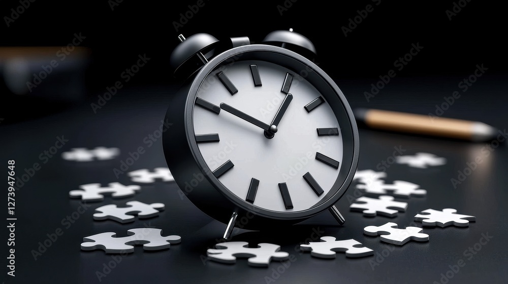 Poster clock surrounded by puzzle pieces on a dark surface, symbolizing time management and problem-solving