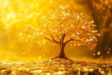 A majestic golden tree with coins as leaves, symbolizing financial growth, wealth prosperity, and long-term investment success, set against a bright, golden background