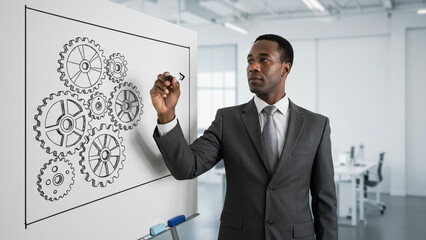 An entrepreneur illustrates a gear that represents the journey toward achieving success