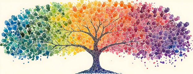 Rainbow tree, colorful leaves, white background, diversity