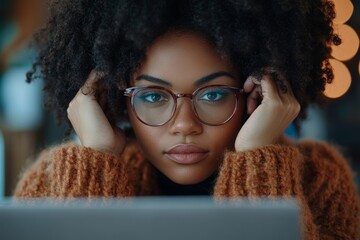 Tired black woman taking off glasses while working on laptop, suffer from dizziness or blurry vision