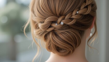 Intricate braided hairstyle with diamond accents exuding sophistication and elegance ideal for formal events and photo shoots