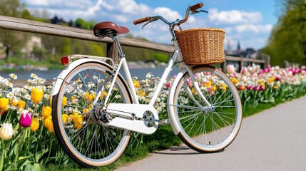 Fototapeta premium Bicycle with a wicker basket parked by colorful tulips along a riverside path on a sunny day