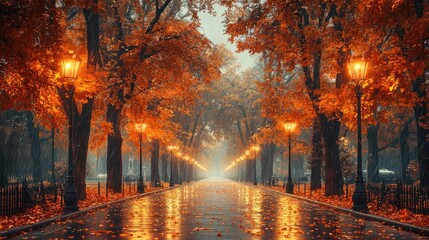 Obraz premium Autumnal park path, rain, fog, warm light